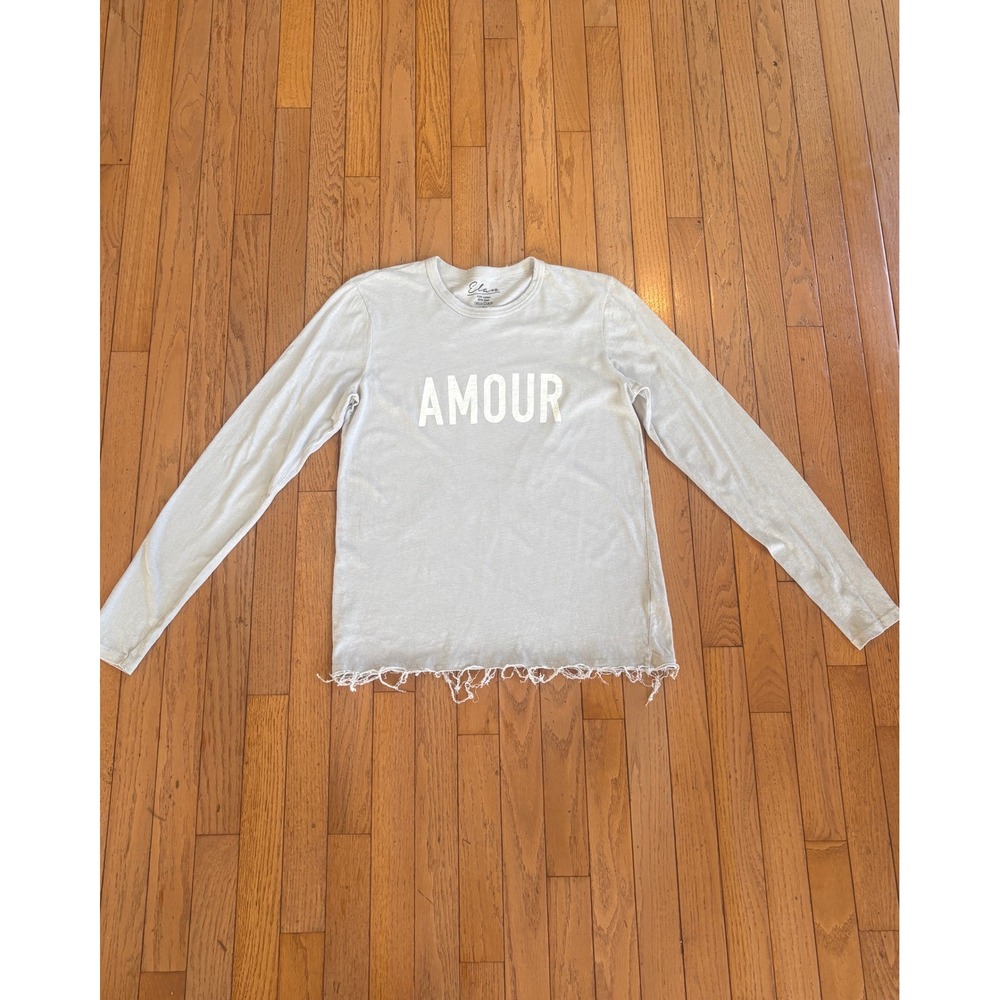 Elan Amour Graphic Long Sleeve Tee Grey Cotton Linen Distressed Hem Small Emo